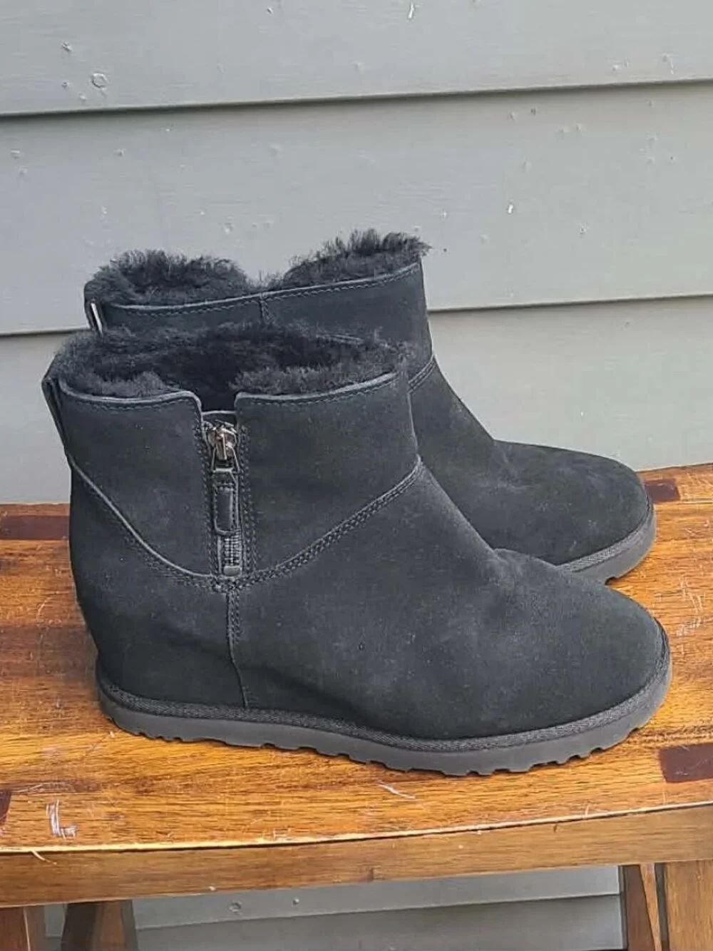 UGG Black Suede Shearling Femme Zip Mini Boot size 7